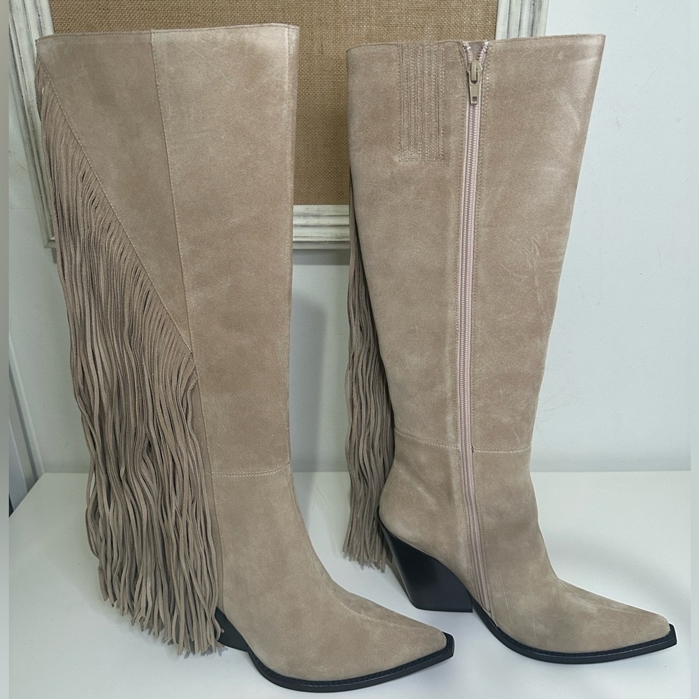Jeffrey Campbell Beige Fringe Heeled Boots